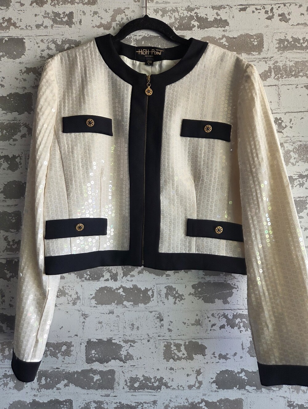 VTG High Point NY Sequin Crop Jacket L Cream Off White Black Contrast Zip